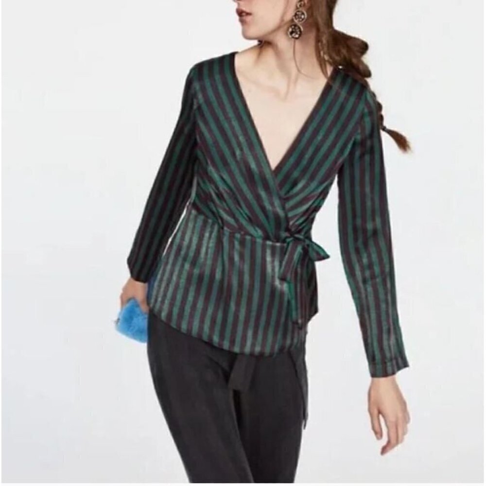 Zara Wrap Top Womens Small Striped Satin Long Sleeve Green Tie Closure Boho